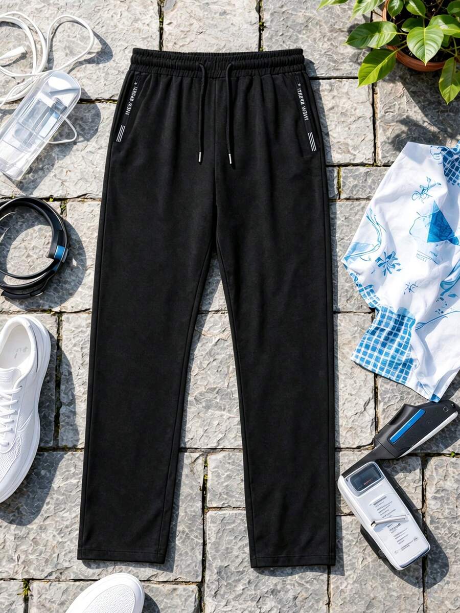 Men's Spring/Autumn Sports Long Pants, Comfortable And Sweat-Absorbent, Straight Leg, Suitable For Running, Basketball, Soccer And Gym Workouts - Black - View 1