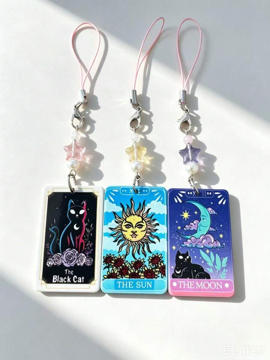 1pc Minimalist Halloween Phone Chain, Double-Sided Acrylic Tarot Card Design, Decorative Phone Charm, Bag & Keychain Accessory - Multicolor - View 1