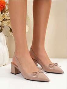 Women's Pointed Solid Color Bow Tie Coarse Heel Sandals, Can Be Paired With Skirts And Pants, Suitable For Daily Use, Dating, And Vacation - 杏色 - 查看 4
