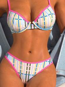 Bikini de dos piezas con aros, push-up y efecto adelgazante, estampado de cuadros colorblock estilo macaron fresco de verano, traje de baño para mujer para vacaciones y aguas termales - Multicolor - Ver 6