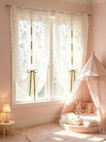 1pc Floral Green Lace Tie-Back Sheer Curtain Valance, Rod Pocket Design, Adjustable Light Filtering Voile Curtain, Window Room Decor, Baby Shower Decoration - Multicolor - View 1