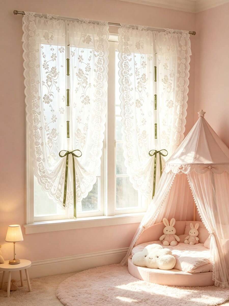 1pc Floral Green Lace Tie-Back Sheer Curtain Valance, Rod Pocket Design, Adjustable Light Filtering Voile Curtain, Window Room Decor, Baby Shower Decoration - Multicolor - View 1