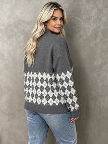 Women's Plus Size Knitwear Pullover Sweater With Argyle Pattern, High Neck, Long Drop Shoulder Sleeves And Tight Hem, Medium Stretch, For Fall Winter - Grey - View 7