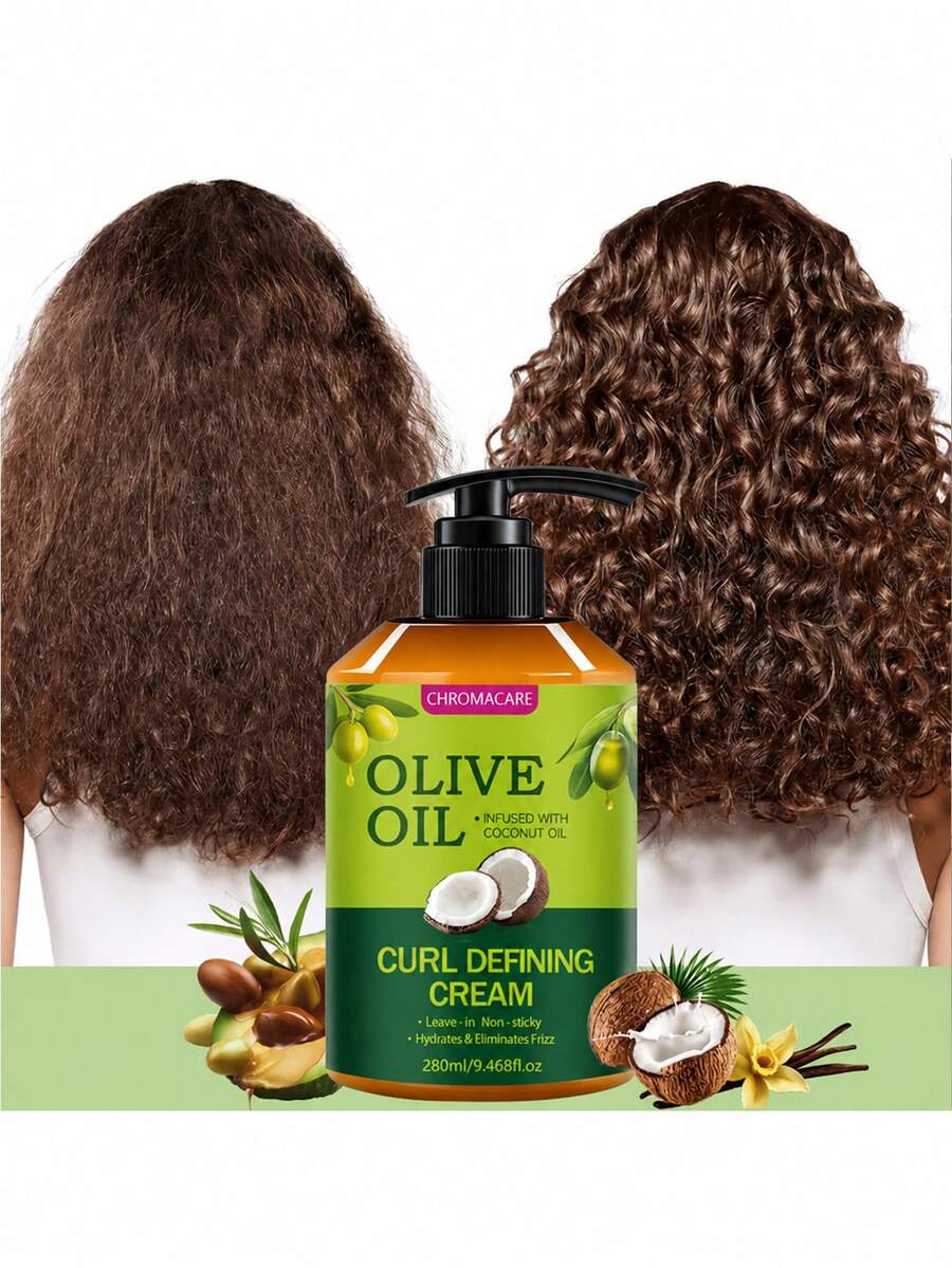 280ml Olive Oil Curly Hair Styling Cream With Coconut Oil, Leave-In Curl Cream For Wavy And Curly Hair, Long-Lasting Frizz Control, Moisturizing And Hydrating Hair Care, Define Natural Curls, Non-Greasy Formula Suitable For All Hair Types - Full Size - View 1