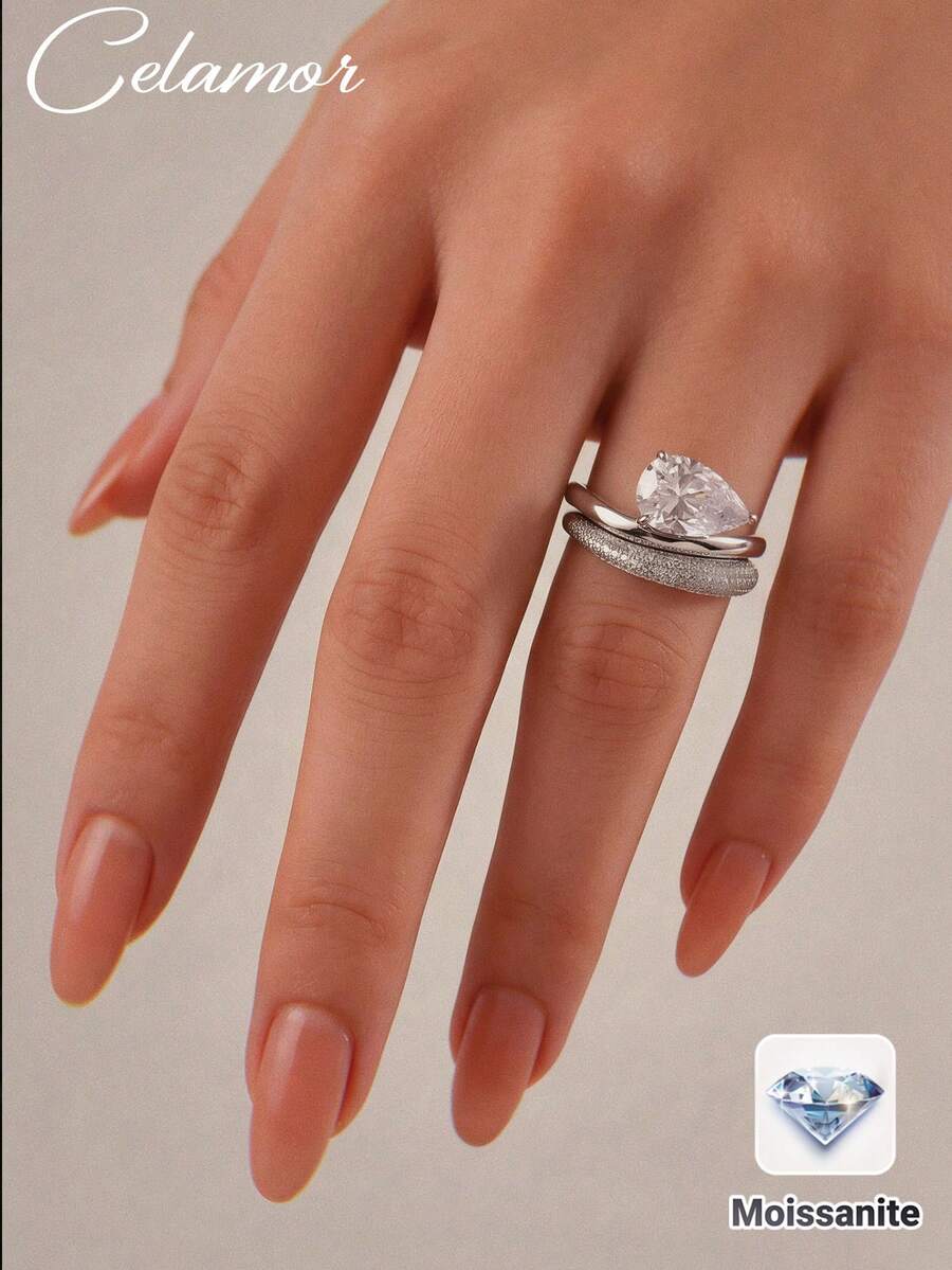 1件 S925 純銀 4CT 莫桑石梨形大主石訂婚戒指套組,中性全鋪滿鑲嵌戒圈疊戴款,奢華新娘婚禮戒指 2 件套,適合情人節、婚禮季、節日、週年紀念、宴會、派對穿戴與送禮 - 銀色 - 查看 1