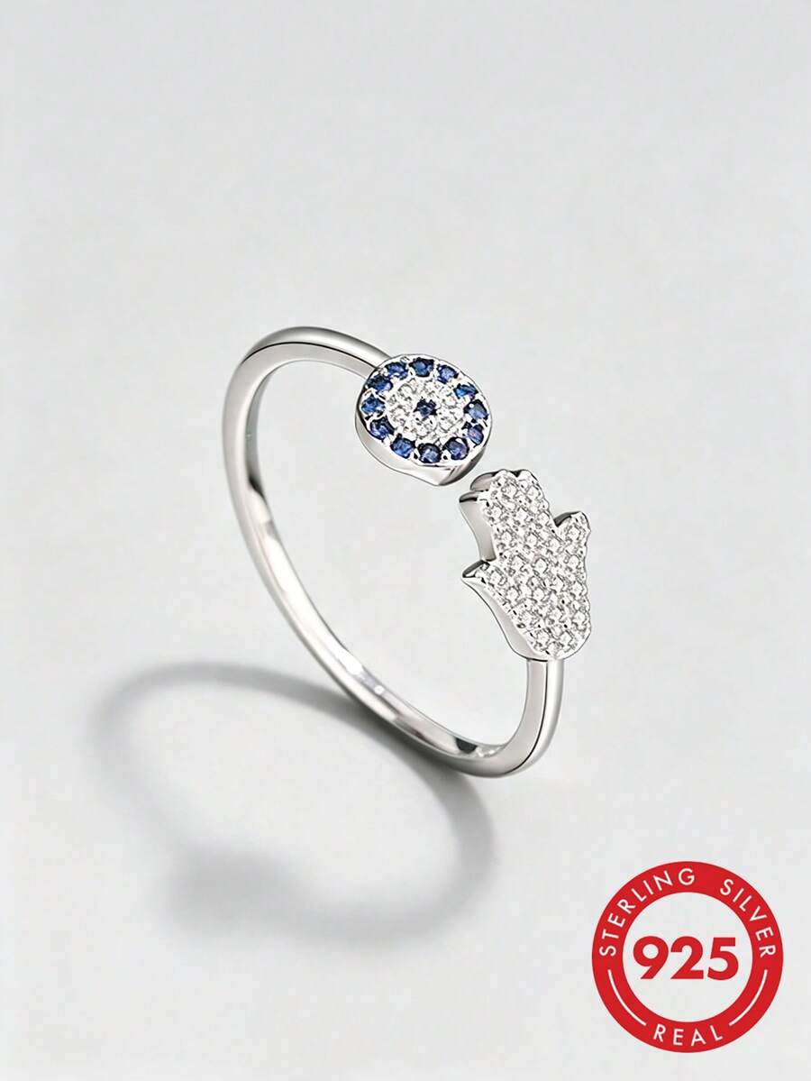 HuooNew 1 Peça Anel Ajustável Aberto de Mão de Hamsa de Olho Mau em Prata Esterlina 925, Anel de Estilo Pulseira com Incrustação de CZ, Joia de Proteção da Sorte Hipoalergênica, Presente Perfeito para Mulheres - Prata - Visão 1