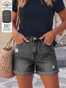 Cross-Border American Street Style Summer New Versatile Loose Simple Casual Distressed Solid Color Washed Women's Jeans Black - Black - View 2