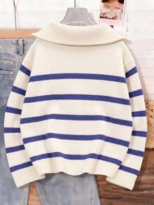 1pc Girls' Teen Fashion Striped Half-Button Front Long Sleeve Warm Knit Sweater, Spring/Autumn/Winter - Blue - View 3