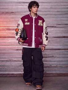 MAISONFOX 男士撞色拼接字母刺繡棒球夾克，秋季休閒畢業返校校隊夾克 - 玫紅色 - 查看 5