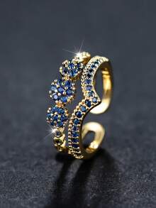 One Retro Gold Double-Layered V Design Elegant Party Ring With White Cubic Zirconia For Women - open single ring - View 15