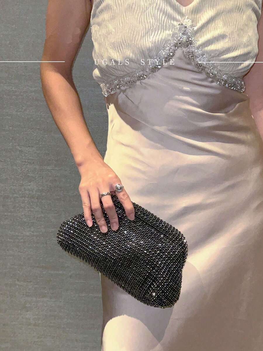 奢華女款水鑽貝殼夾扣晚宴手拿包 新娘包,適合派對、舞會、婚禮、晚餐/宴會,搭配正式禮服 - 黑色 - 查看 1