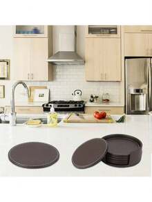 6pcs Round Leather Coasters, 4 Inch, Handmade Premium PU Leather, Non-Slip Design, Suitable For Home Decor And Kitchen Use, Housewarming Gift - Multicolor - View 6