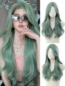26 Inch Natural Green Straight Heat-Resistant Synthetic Wig, Middle Part Design, High Density, Suitable For Daily Wear, Halloween, Cosplay Party, Wedding And Music Festival, For Women - Multicolor - View 8