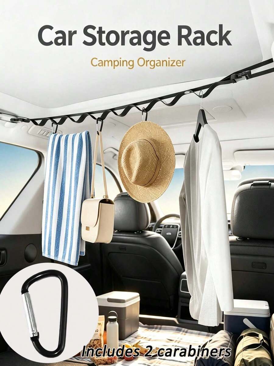 Car Clothesline, Multi-Functional Car Hanger,Adjustable Car Clothes Hanging Strap, Multi‑Hook Vehicle Storage Rope, Portable Car Interior Organizer For Travel Road Trip Camping
