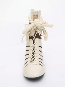 Hollow Out Roman Ankle Boots Women's Tassel Rope Lace-Up Flat Ankle Boots Bohemian Style Hollow Out Gladiator Sandals - Beige - View 3