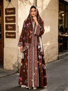 Abaya Terbuka Motif Bunga dengan Hijab Senada, Jubah Maxi Wanita Lengan Panjang dengan Hiasan Geometris Kontras - MultiWarna - View 11