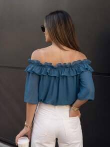 1pc Women's New Solid Color Chiffon Puff Sleeve Off Shoulder Blouse, Pleated Ruffle Trim, Casual Wear For Spring/Summer, Vacation, Date, Travel - Blue - View 3