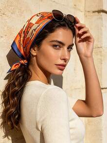1 pieza Pañuelo cuadrado de satén con estampado de cadena y correa de cuero ecuestre vintage, pañuelo retro multifuncional, accesorio de decoración para bolso, adecuado para mujeres - Multicolor - Ver 5