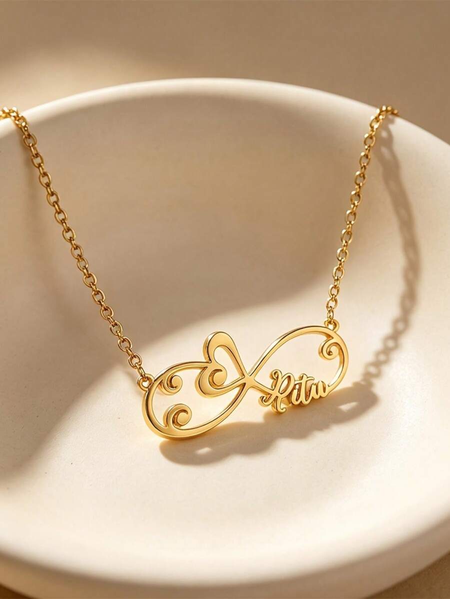 Kalung Nama Elemen Gelombang Berbentuk Hati Kustom, Kalung Liontin Bentuk Tak Terhingga yang Dipersonalisasi, Cocok untuk Pemakaian Sehari-hari, Liburan, Pesta, Pilihan Hadiah Liburan yang Sempurna - MultiWarna - View 1