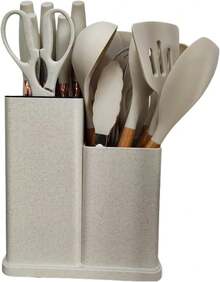 Juego de 19 utensilios de silicona para hornear con mangos de madera, cuchillos resistentes al calor, herramientas de cocina duraderas (blanco crema) - Ver 1
