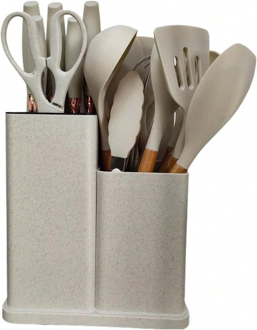 Juego de 19 utensilios de silicona para hornear con mangos de madera, cuchillos resistentes al calor, herramientas de cocina duraderas (blanco crema) - Ver 1