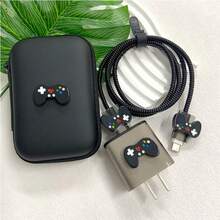 Black Game Console Pattern EVA Data Cable Storage Bag, 1.5m Cable Clip, Anti-Shatter TPU Charging Head Protective Case, 6pcs Set Compatible With Apple 20W Fast Charging Data Cable, Cable Protector, Charger Protective Case - Black - View 1