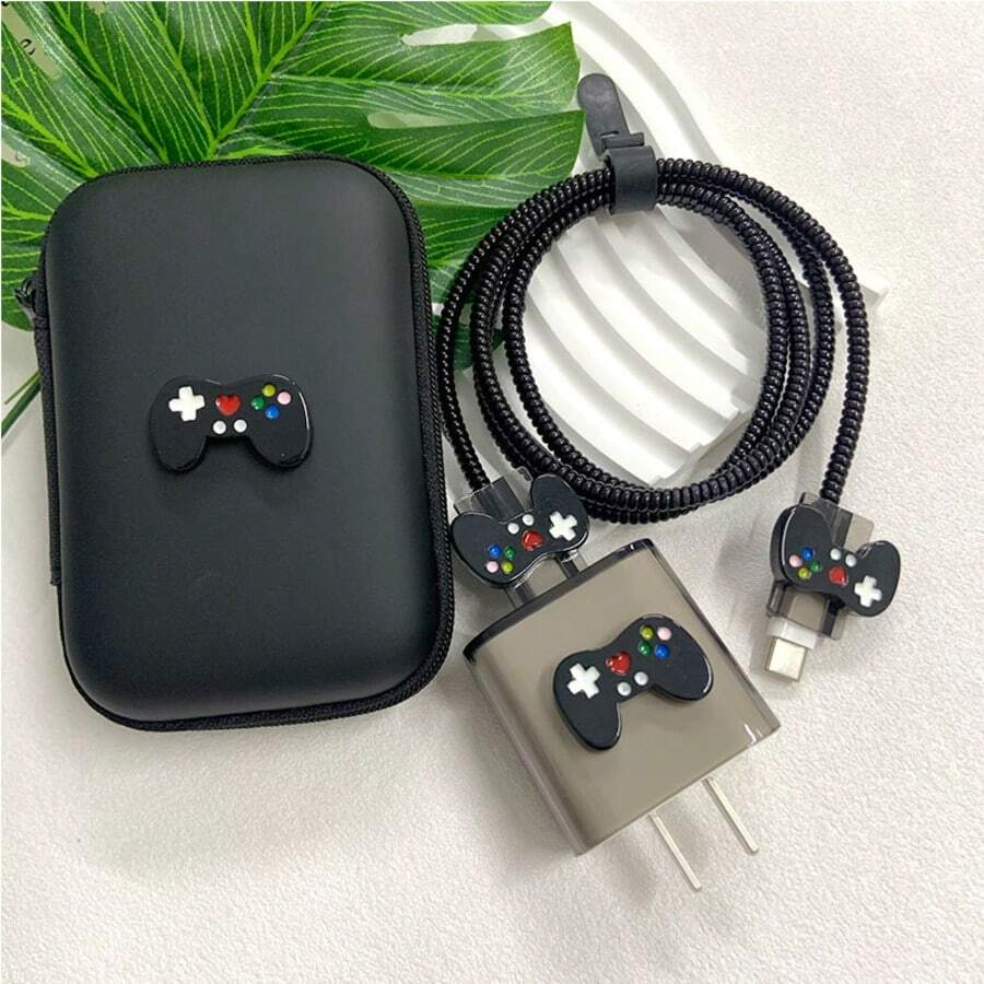 Black Game Console Pattern EVA Data Cable Storage Bag, 1.5m Cable Clip, Anti-Shatter TPU Charging Head Protective Case, 6pcs Set Compatible With Apple 20W Fast Charging Data Cable, Cable Protector, Charger Protective Case - Black - View 1