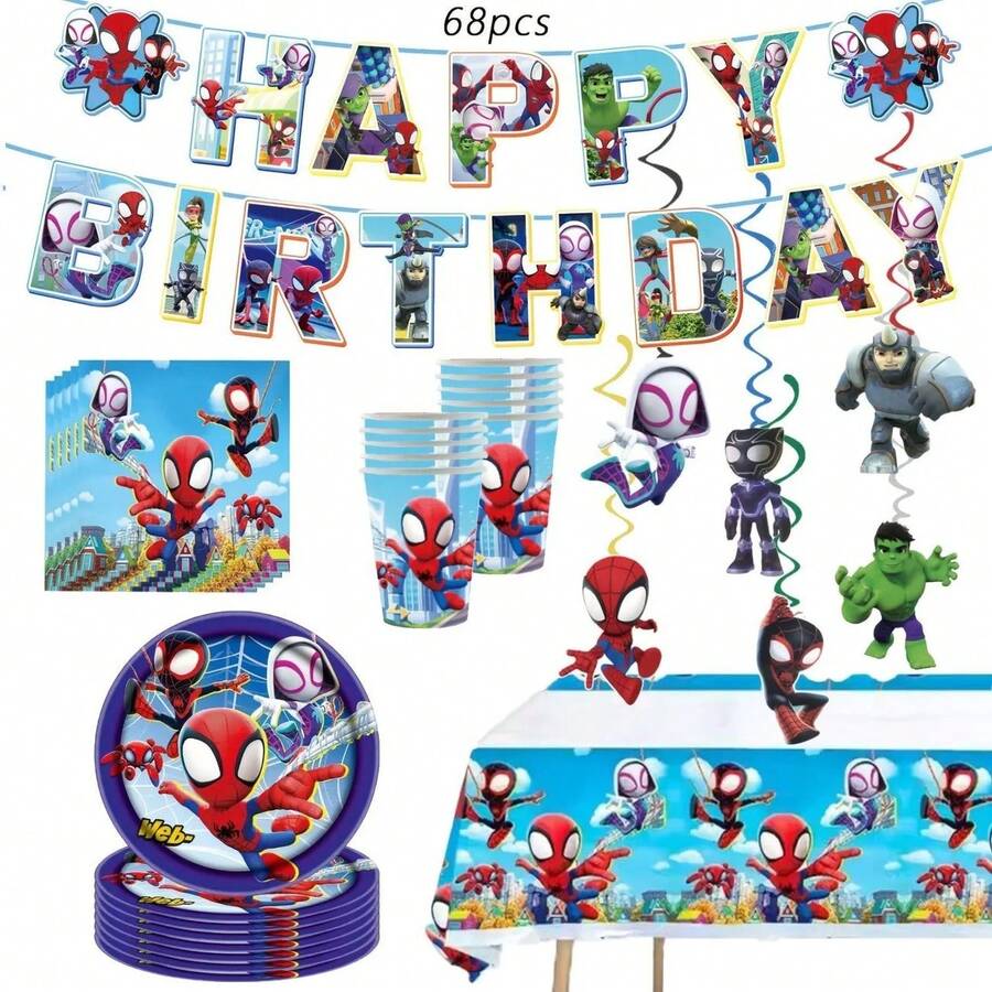 Cartoon Theme Spider Hero And His Magical Friends Birthday Party Decoration Banner Disposable Tableware Tablecloth Paper Plates Paper Cups Napkins - Multicolor - View 1