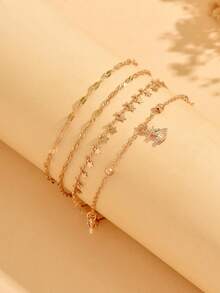 4pcs/Set Classic All-Match Multi-Layer Gold Anklet Set, Fashionable Versatile Star Tassel Rhinestone Cross Star Decor Women's Foot Jewelry, Suitable For Daily Wear And Vacation Party, Chain Cut By Length, Number Of Sections Not Fixed - Gold - View 3