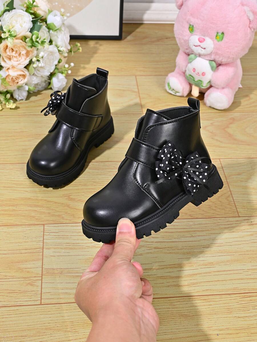 Girls' Black Bow Decor Ankle Boots, Autumn/Winter New Hook-And-Loop Thick Sole Non-Slip Versatile Casual Ankle Boots - Black - View 1
