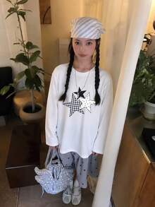 Women's Star & Letter Print Crew Neck Long Sleeve T-Shirt, American Casual Lazy Style, Versatile Autumn Base Layer - White - View 4