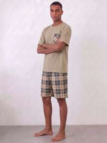 Snug League [AICJ Sleepwear] 2件套男士休閒格紋睡衣組，基本款口袋居家服，短袖T恤與短褲 - 綠色 - 查看 5