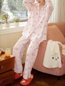 Gongdie 2pcs Miffy Women's Pajama Set, Spring/Autumn Light Pink Soft Cotton Loungewear, With Contrast Trim, Bow & Polka Dot Print - Baby Pink - View 4