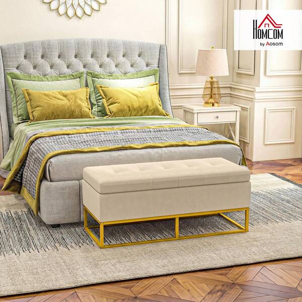 HOMCOM Storage Bench With Flip-Top Lid, Beige, 110 X 44 X 49 Cm | Upholstered, Velvet Look, Padded Bench, Bed Bench, Storage Trunk With Steel Legs, For Living Room, Bedroom
