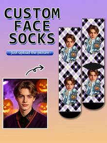 1 Pair Of Custom Socks, Smiling Face Custom Socks, Halloween, Plaid, Fun Socks, Birthday Gift, Wedding Gift, Friend Gift, Family Socks, Holiday - Multicolor - View 8