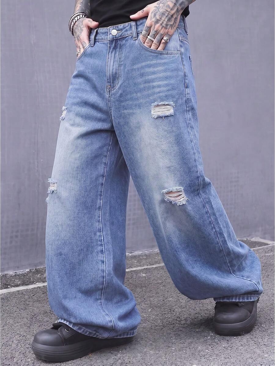Men's Light Blue Vintage Distressed Ripped Loose Wide Leg Jeans, 90s Skateboard Street Style Back Pocket Embroidered Denim Pants - Blue - View 1
