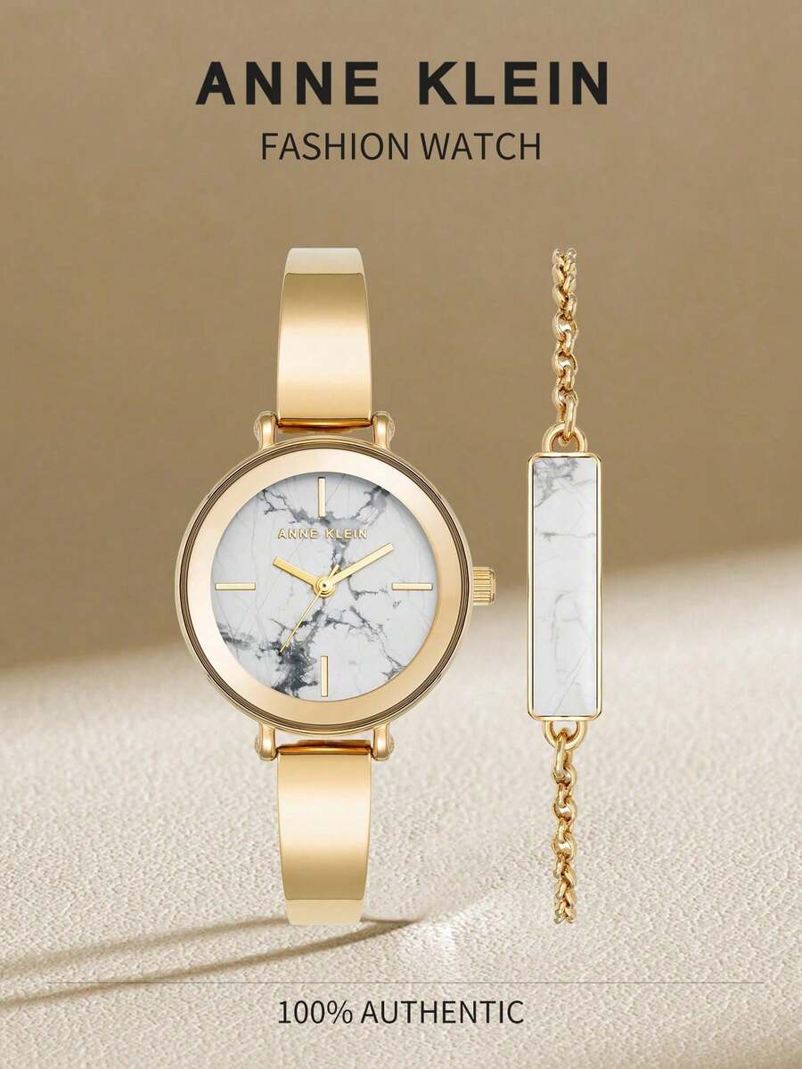 Anne Klein Women's Marble Texture Bracelet Watch Set, Gold Bracelet Quartz Watch