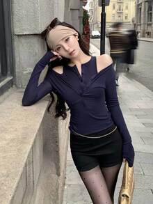 Kaos Rajut Lengan Panjang 2-in-1 Wanita, Atasan Lapisan Dasar Slim Fit yang Menawan, Musim Gugur - Navy Blue - View 5