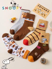 1/5/10 Pairs Snoopy Socks Women's Mid-Calf Socks, Marron Vintage Winter Style, Color Block Striped Print With Puppy Pattern - Multicolor - View 4