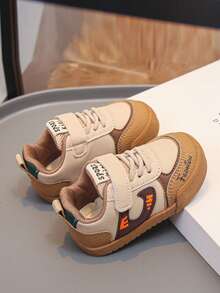 Boys' Beige, Apricot & Brown Colorblock Litchi Textured PU Leather Anti-Slip Wide Round Toe Hook & Loop Retro Skate Shoes, Versatile, Dirt-Resistant & Breathable For Kindergarten Spring/Autumn - Brown - View 4