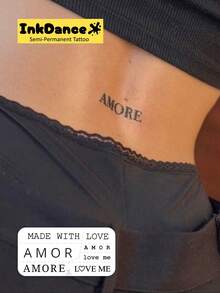 1套「AMOR & Love」新科技紋身貼，半永久浪漫極簡打字機風格臨時紋身貼，防水持久逼真設計，InkDance植物基配方，禮品 X010 - 黑色 - 查看 2