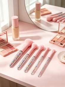 1set Cute Candy‑Toned Makeup Brush Set, Transparent Handles Filled With Colorful Beads, Soft Fluffy Bristles, Multi‑Purpose Cosmetic Brushes, Travel Essentials, Makeup Brush Set, For Vanity Desk & On‑The‑Go Makeup Application - Multicolor - View 4