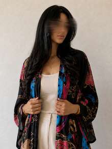 Hafizah Printed Cardigan Headscarf Middle Eastern Dubai Abaya Robe With Chain Print, Fashion Women Robe - Hot Pink - View 5