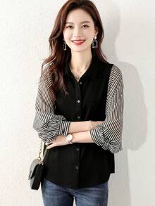 YUXIN Spring & Summer Korean Style Striped Patchwork Blouse, Lantern Sleeve Chiffon Patchwork, Loose Fit, Casual Daily Wear Top For Women Black - Black - View 2