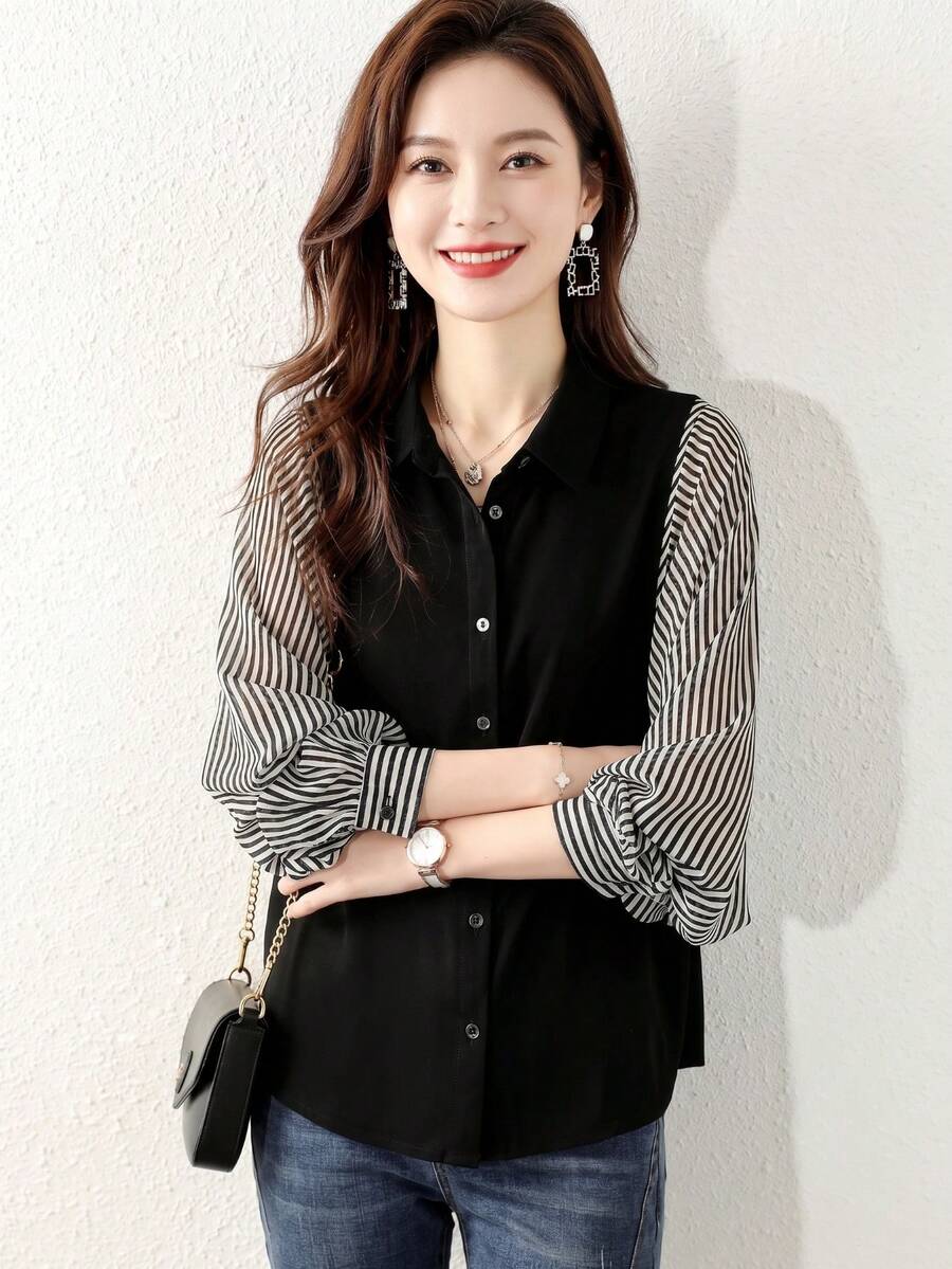 YUXIN Spring & Summer Korean Style Striped Patchwork Blouse, Lantern Sleeve Chiffon Patchwork, Loose Fit, Casual Daily Wear Top For Women Black