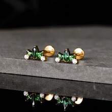 1PC G23 Titanium Internally Threaded Labret Stud Emerald Green Chain Cartilage Stud Earrings Cluster Flat Earring Piercing Jewelry Women New - Green - View 9