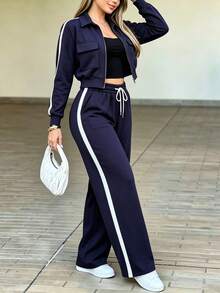Women 2 Pcs Tracksuit Set, Color Block Zip Up Jacket & Side Stripe Wide Leg Pants, Retro Sporty Casual Streetwear Outfit, Navy Blue Fall Matching Set - Navy - View 10