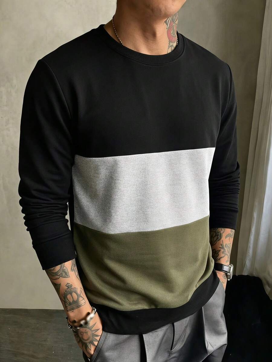 Men's Retro Colorblock Patchwork Crew Neck Long Sleeve T-Shirt, Contrast Design, Loose Casual Base Layer Top For Spring And Autumn Daily Commute - Black - View 1