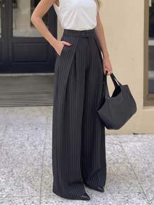 1pc Women's Striped Pleated Straight Leg Pants, Business Commute, Casual , Striped Ruffle/Frill Hem Straight Leg Pants Black - Black - View 3