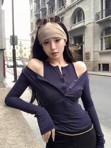 Kaos Rajut Lengan Panjang 2-in-1 Wanita, Atasan Lapisan Dasar Slim Fit yang Menawan, Musim Gugur - Navy Blue - View 6
